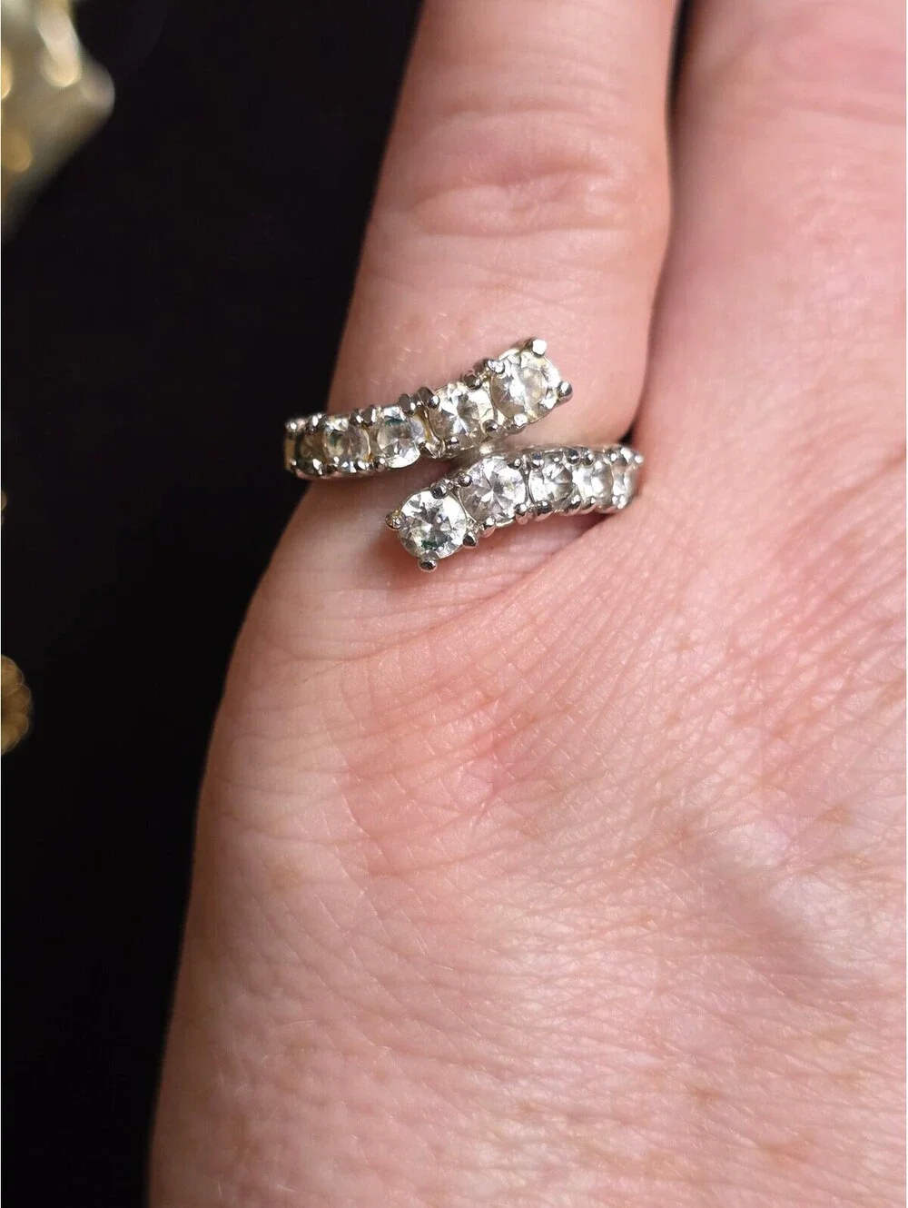 Vintage 1980's Silver Tone Bypass Ring with Clear Rhinestones Sz 6